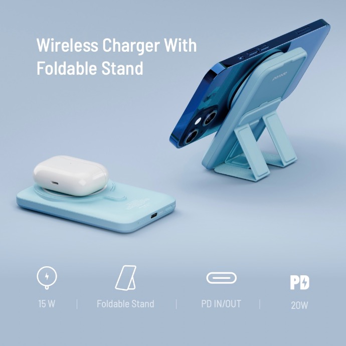 alt="Powerbank attached to smartphone through magsafe and using kickstand"